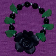 Black Clay Rose With Green Leaves Bracelet