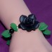 Black Clay Rose With Green Leaves Bracelet